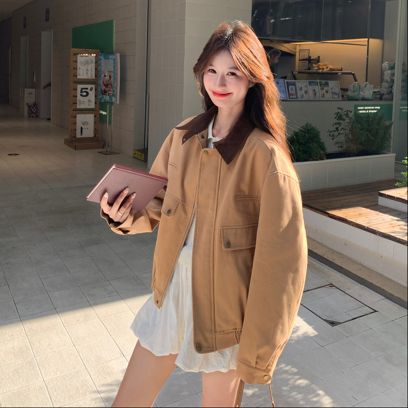韩系复古拼色翻领外套女2025秋季新款设计感甜酷风休闲小个子夹克,女装短外套,2B235