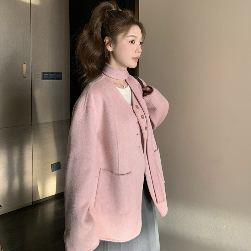 粉色韩系新款双面羊绒飘带V领宽松显瘦小个子羊毛外套P265-K399,女装毛呢外套,2C291