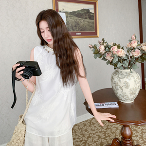 高级感通勤穿搭刺绣挂坠白色无袖上衣配阔腿裤女夏2025新款两件套图片