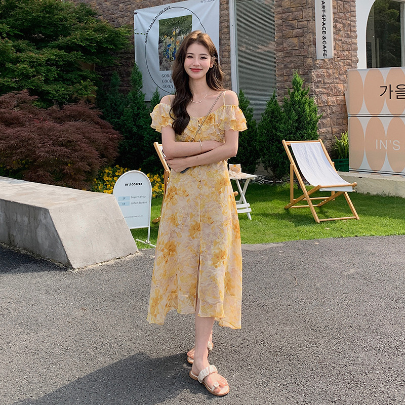 浪漫一字领露肩连衣裙女2025夏季新款法式绝美显瘦度假风印花裙子,女装连衣裙,2C009
