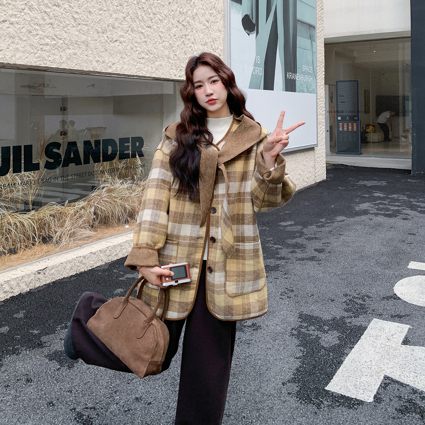 两面穿格子毛呢外套女2025冬季新款韩系减龄小个子休闲保暖呢大衣,女装羊绒大衣,2D078