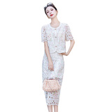 2025新款夏季女装精品减龄显瘦花边圆领蕾丝绣花两件套套装裙，女装套装/套裙，丽莎妳雅