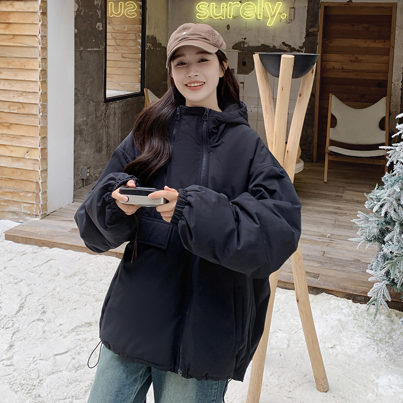 双拉链设计感黑色连帽羽绒服女2025年冬新款百搭休闲宽松显瘦外套,女装羽绒服,2C327