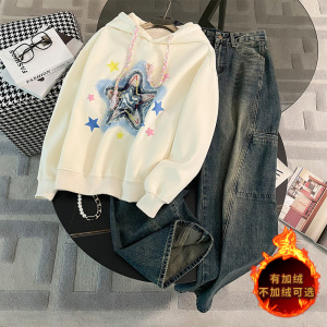 休闲加绒卫衣复古牛仔阔腿裤套装图片