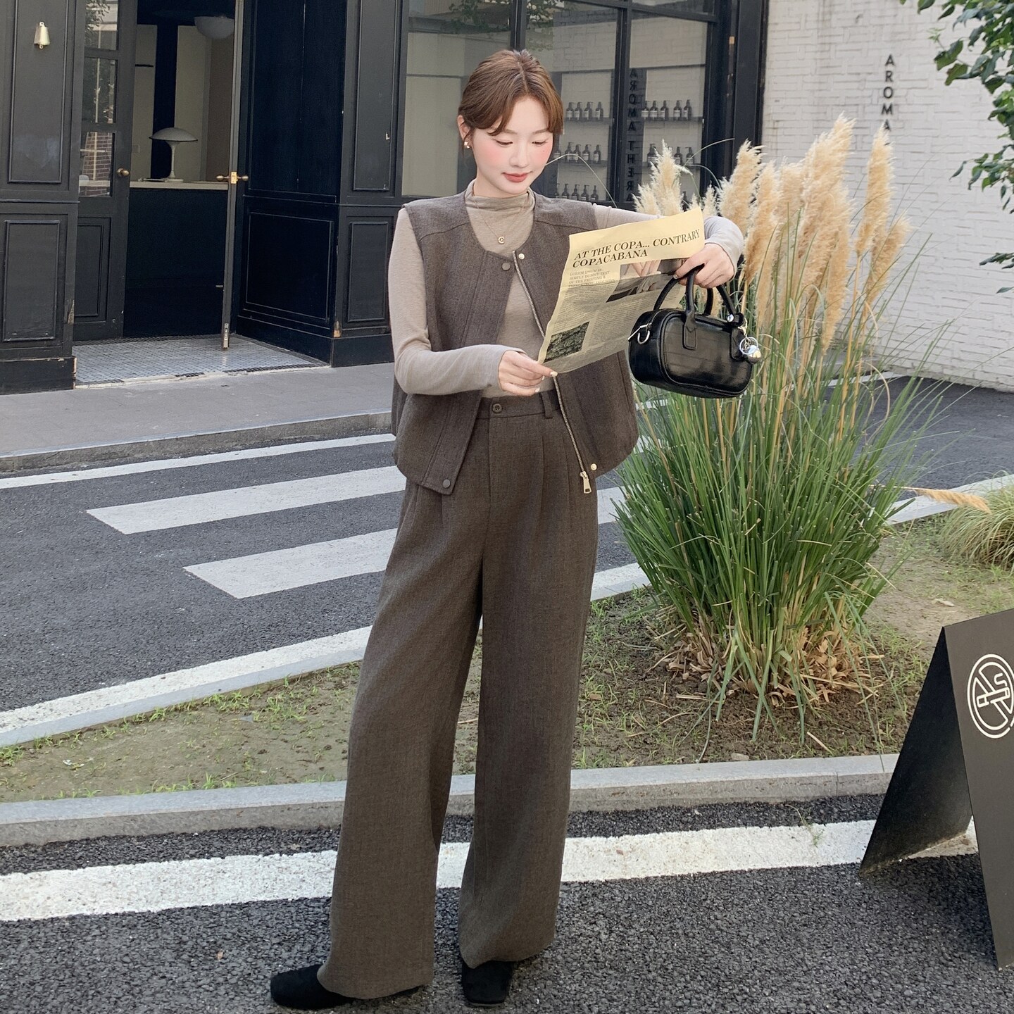 老钱风马甲打底衫阔腿裤套装女春秋巨好看三件套ootd穿搭大方得体,女装套装/套裙,2C012