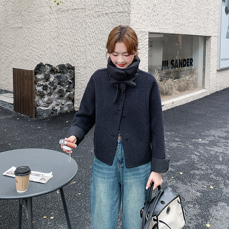 现货70毛日系飘带撞色短款双面呢外套,女装毛呢外套,1D066-1