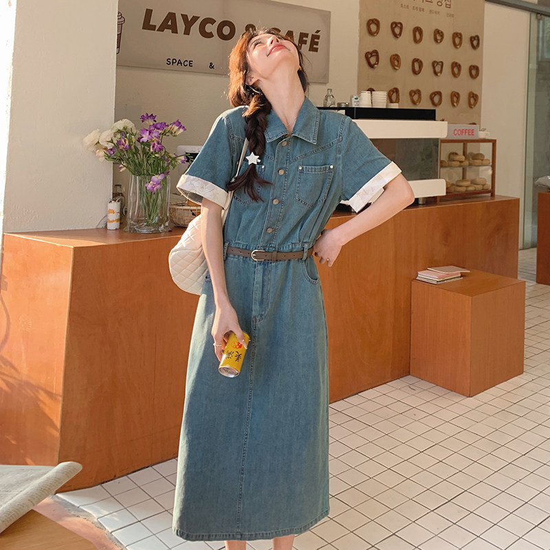 蓝色牛仔连衣裙女2025夏季新款韩系高级感气质收腰polo领衬衫长裙,女装连衣裙,2C098