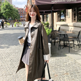 条纹拼接绿棕色皮衣外套女春秋2025新款中长款气质机车服PU皮夹克，女装风衣，2C291