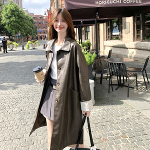 条纹拼接绿棕色皮衣外套女春秋2025新款中长款气质机车服PU皮夹克图片