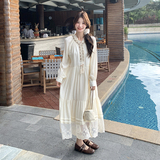 波西米亚长袖白色连衣裙女春秋2025新款超火好看气质蕾丝拼接长裙，女装连衣裙，2D035