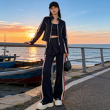 韩货高级感休闲运动套装女春季条纹拼接立领卫衣屁帘微喇裤三件套，女装套装/套裙，2C310
