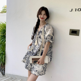 蕾丝拼接水墨画短裤套装女夏2025新款新中式国风超好看减龄两件套，女装套装/套裙，2D044