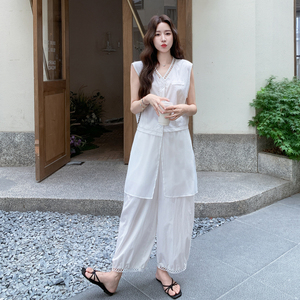 设计感网纱拼接无袖马甲套装女2025夏季新款气质休闲阔腿裤两件套图片
