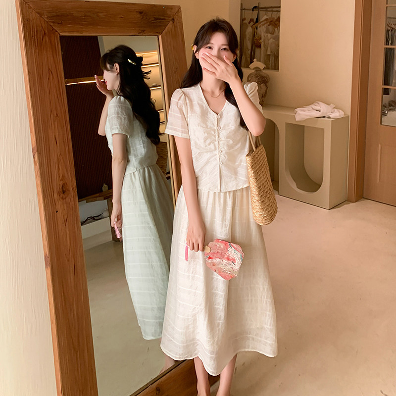 现货！米白色清纯甜美套装裙女夏半身裙两件套5080P135K198,女装连衣裙,2C166