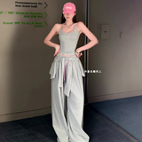 时尚修身减龄套装女春季新款短款开衫上衣灰色吊带阔腿长裤三件套，女装套装/套裙，2C310