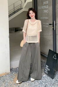 现货：夏装新款镂空短袖针织上衣阔腿裤两件套2C135-8880P155K238图片