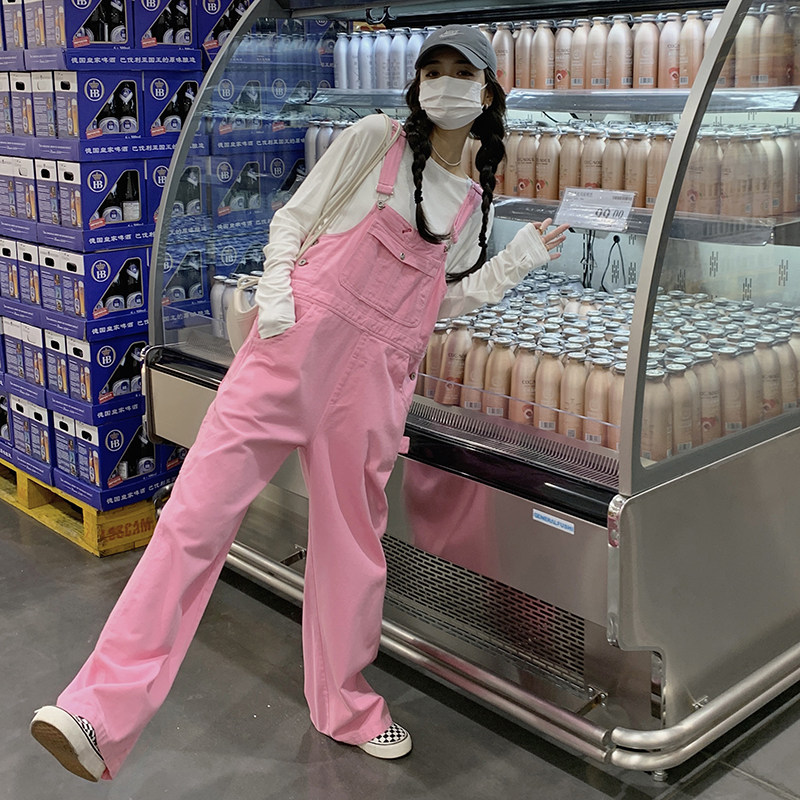 【现货】2025春季新款粉色网红款牛仔阔腿背带裤S165-P115-K168,女装休闲裤,2C120