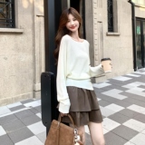 设计感米白色可露肩毛衣小香风女秋冬PU皮半身裙洋气显瘦两件套装，女装套装/套裙，2C166