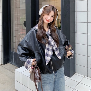 复古拼接连帽皮衣外套女2026新款机车服夹克2C227/3309/P165K238图片
