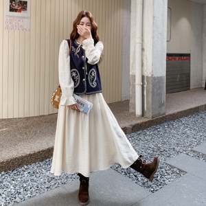 复古藏青色刺绣马甲套装女2025春秋季新款减龄显瘦收腰长裙两件套图片