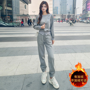 女春季新款韩系圆领订扣设计感卫衣束脚裤两件套图片