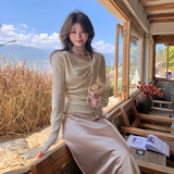 掐腰褶皱针织衫上衣+醋酸A字裙春秋两件套2C353/8666/P170/K248，女装套装/套裙，2C353