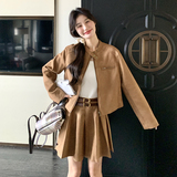 麂皮绒高级感时尚套装女秋季新款美拉德穿搭复古做旧百褶裙两件套，女装套装/套裙，2C075