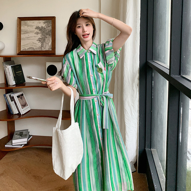 小众气质衬衫连衣裙女2025年夏季新款时尚条纹长裙宽松高级感裙子,女装连衣裙,2C115