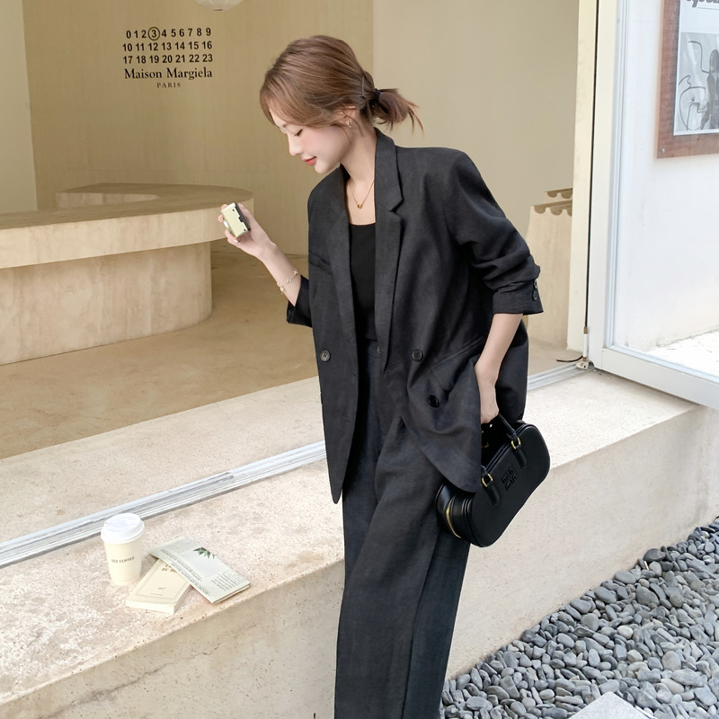 高级感黑色扎染西服套装女2025秋季新款通勤穿搭西装阔腿裤两件套图片