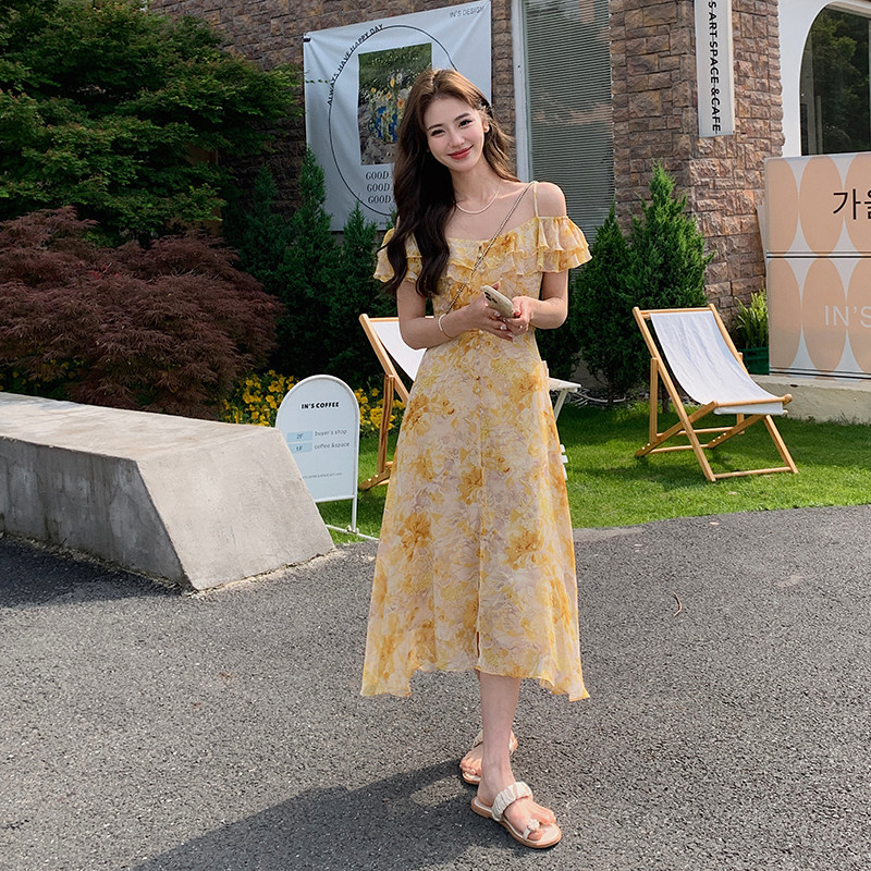 浪漫一字领露肩连衣裙女2025夏季新款法式绝美显瘦度假风印花裙子,女装连衣裙,2C009