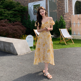 浪漫一字领露肩连衣裙女2025夏季新款法式绝美显瘦度假风印花裙子，女装连衣裙，2C009