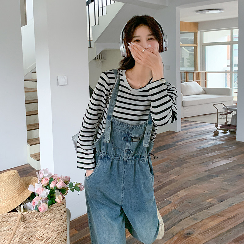 牛仔背带裤套装女2025春秋新款韩系复古设计感休闲宽松上衣两件套图片