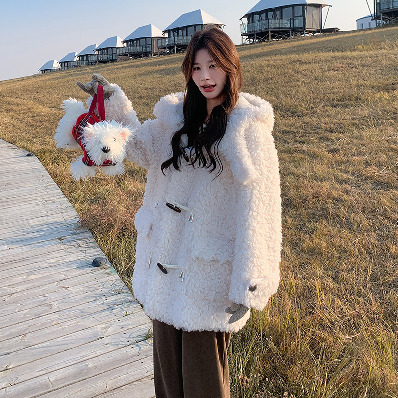 加厚皮毛一体外套连帽宽松甜美学院风减龄棉服大衣6078P225K328,女装棉衣/棉服,2C166