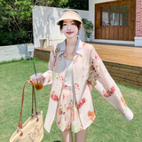 2025新款法式夏季小众植物印花独特度假防晒衬衫短裤两件套装，女装套装/套裙，2C166