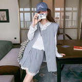 休闲灰色马甲连帽T恤蕾丝短裙套装女春秋季小个子三件套大方得体，女装套装/套裙，2C159