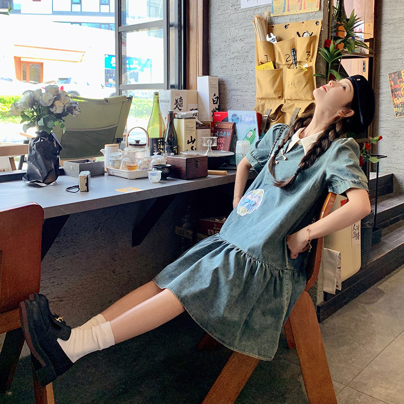 新中式小众独特漂亮连衣裙女2025新款爆款夏日刺绣绝美蓝色牛仔裙,女装连衣裙,2C262