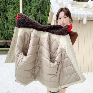 韩版工装风羊羔毛领外套派克服女冬米白色加厚保暖冲锋衣90羽绒服图片