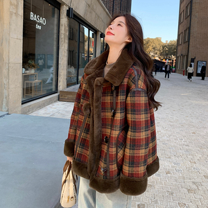 格子羊羔毛外套女秋冬2025新款毛呢外套美拉德高级感独特呢大衣图片