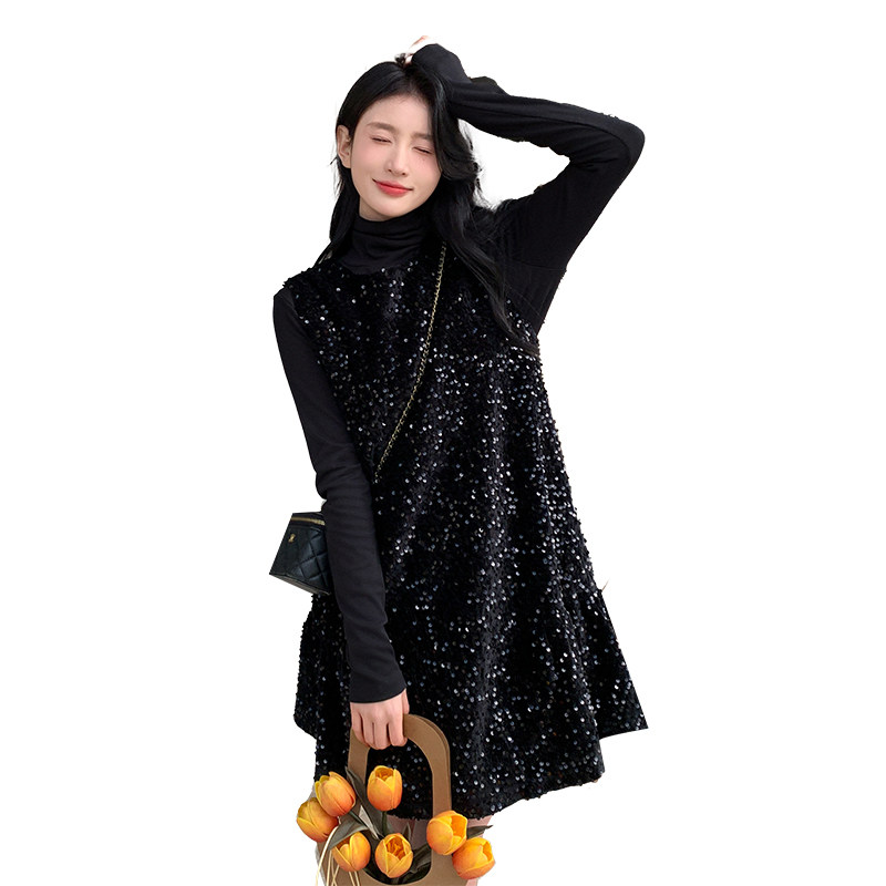 春装现法式黑色亮片鱼尾连衣裙套装裙两件套2902P155K228,女装连衣裙,2C029