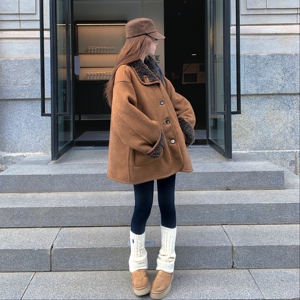韩系甜美宽松两面穿麂皮绒羊羔毛短外套女冬新小个子加厚皮毛一体图片