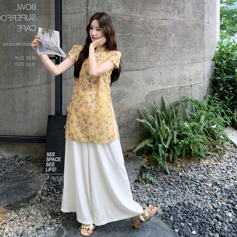 新中式盘扣上衣阔腿裤套装女2025夏季新款提花旗袍好看显瘦两件套,女装套装/套裙,2C117