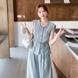 韩系休闲蓝灰色套装女2025夏新款高级松弛感穿搭马甲阔腿裤两件套，女装套装/套裙，2C159