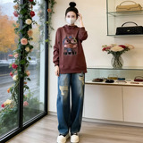 韩版时尚休闲套装女春季新款连帽刺绣卡通上衣破洞牛仔长裤两件套，女装套装/套裙，2C310
