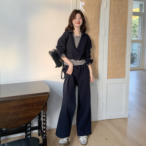 条纹拼接休闲运动卫衣阔腿裤套装女春秋大方得体两件套爆款高级感图片