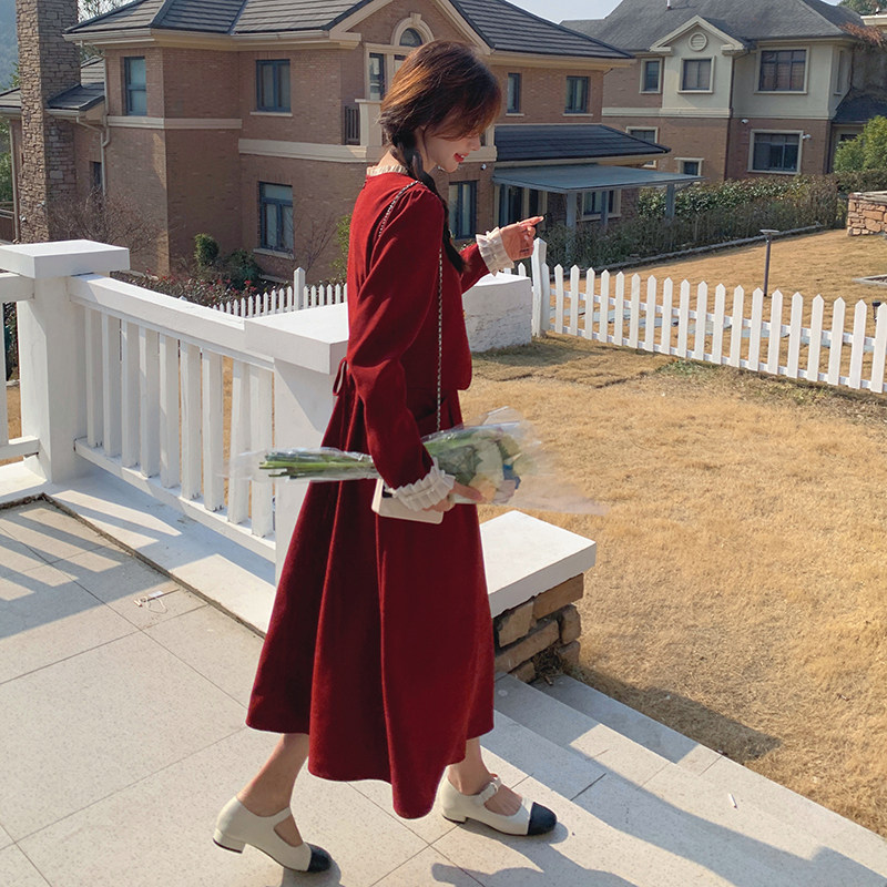 安哥拉红新中式假两件连衣裙女2025秋秋新款设计感气质订婚长裙子,女装连衣裙,2C098