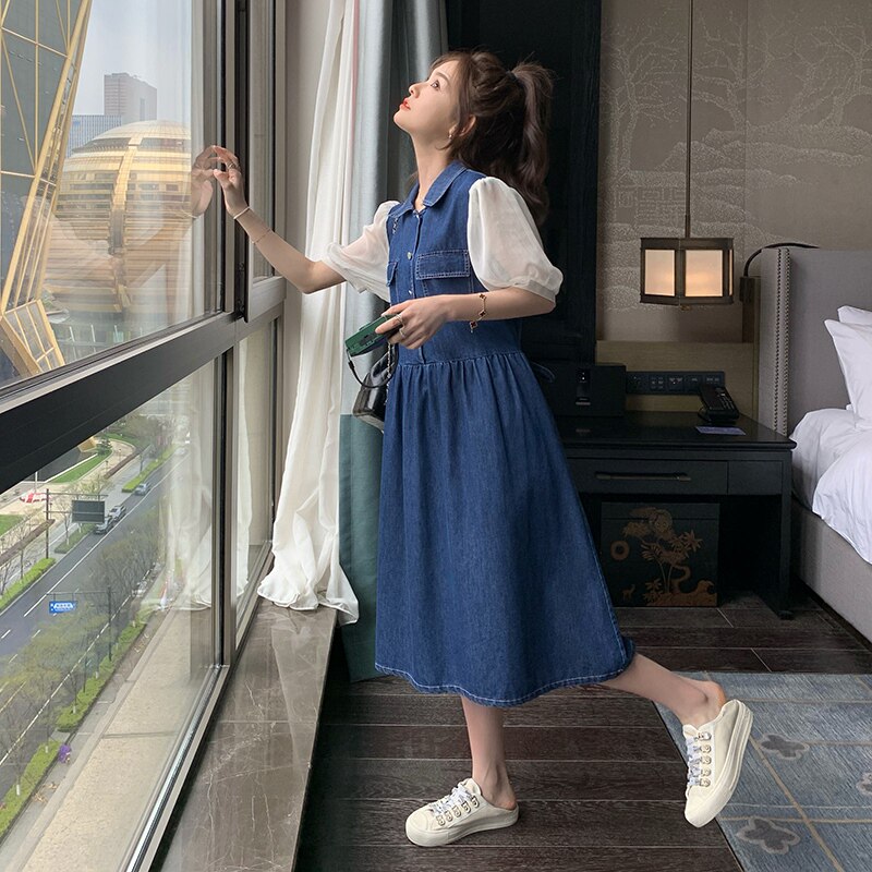 蓝色拼接假两件连衣裙女2023夏新款法式温柔风设计感别致气质裙子,女装连衣裙,2C311
