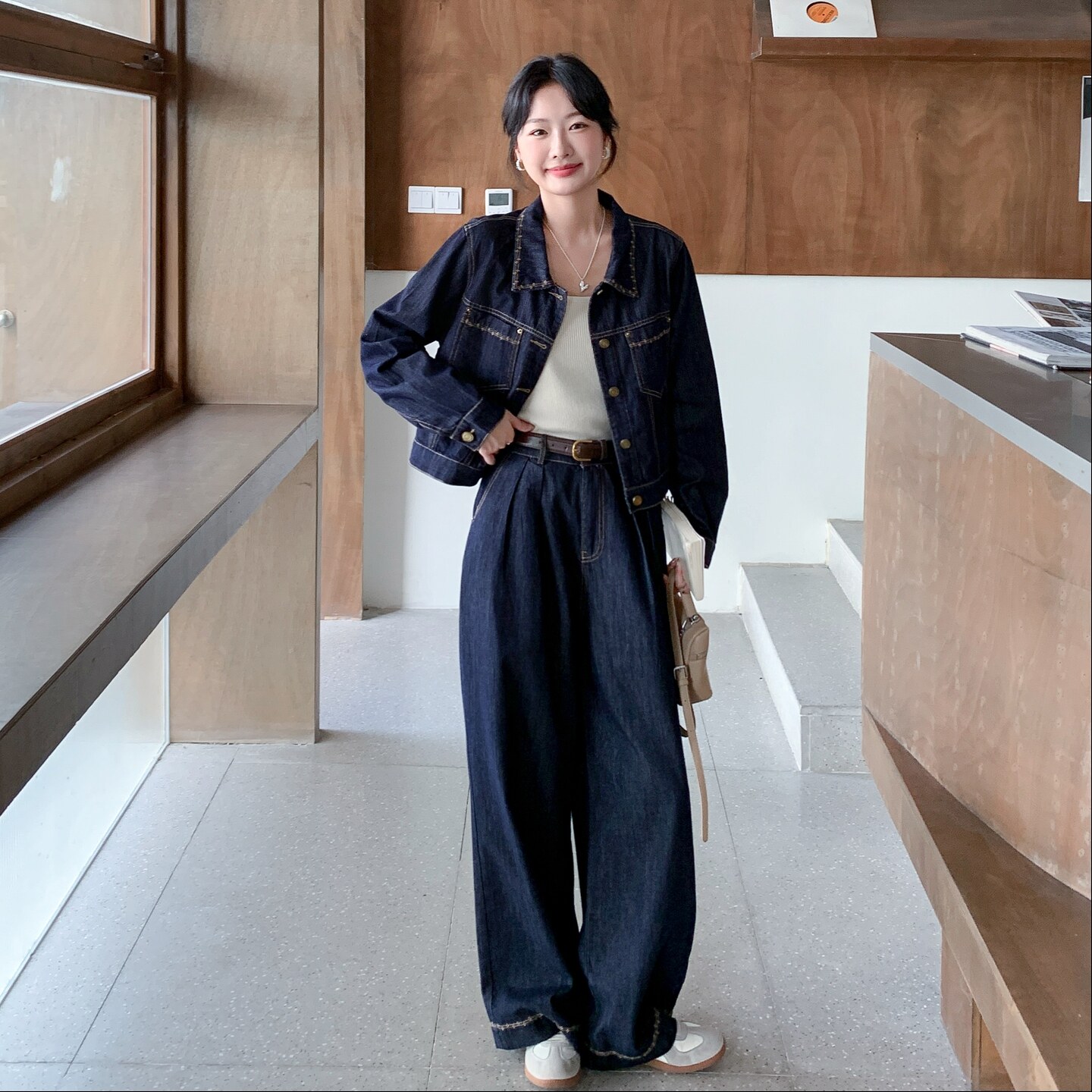 ins港风牛仔套装女春2025新款韩版高腰时尚工装上衣阔腿裤两件套,女装套装/套裙,2C177