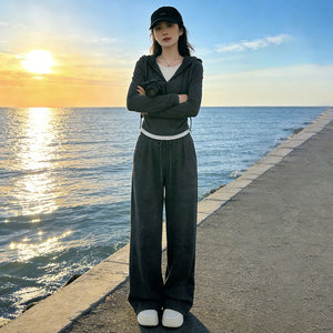 女春季新款韩版气质设计感拼接假两件连帽长袖上衣直筒长裤两件套图片
