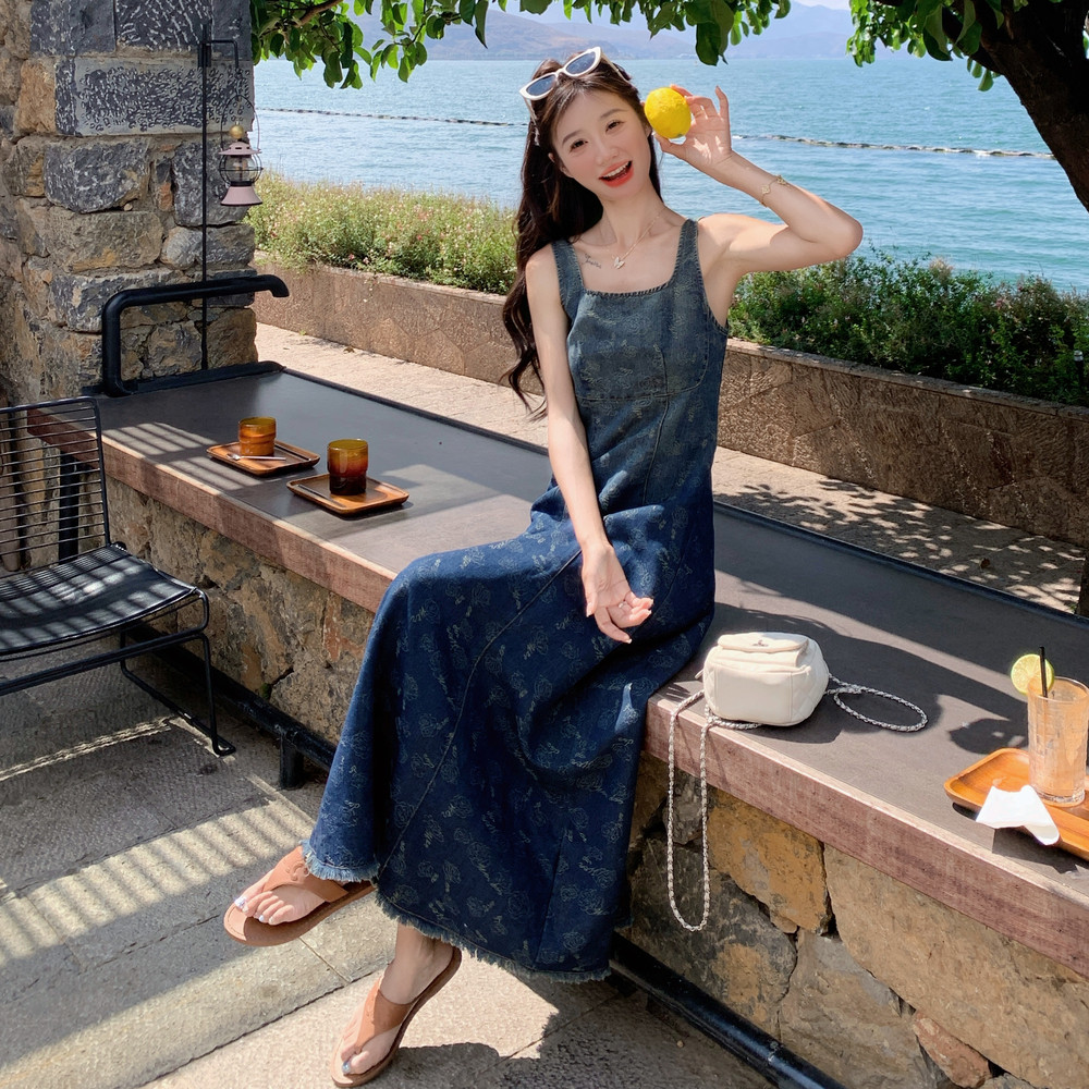 复古渐变牛仔印花背带裙女2025夏季时尚独特绝美减龄显瘦气质长裙,女装连衣裙,2C012