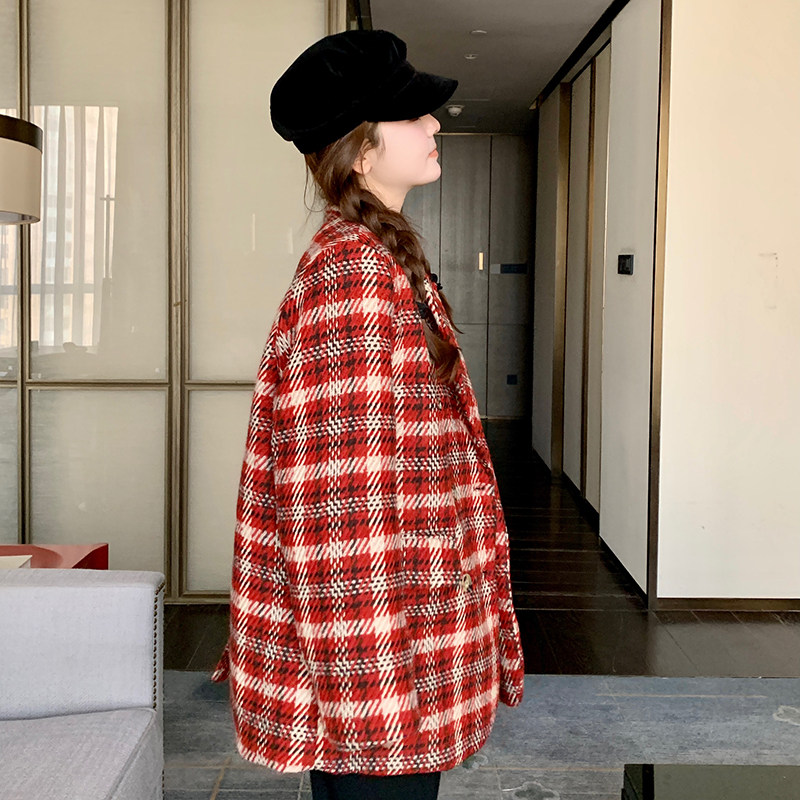 红色格纹小香风西装外套女春季2024新款高级感别致独特超好看西服,女装套装/套裙,2C203